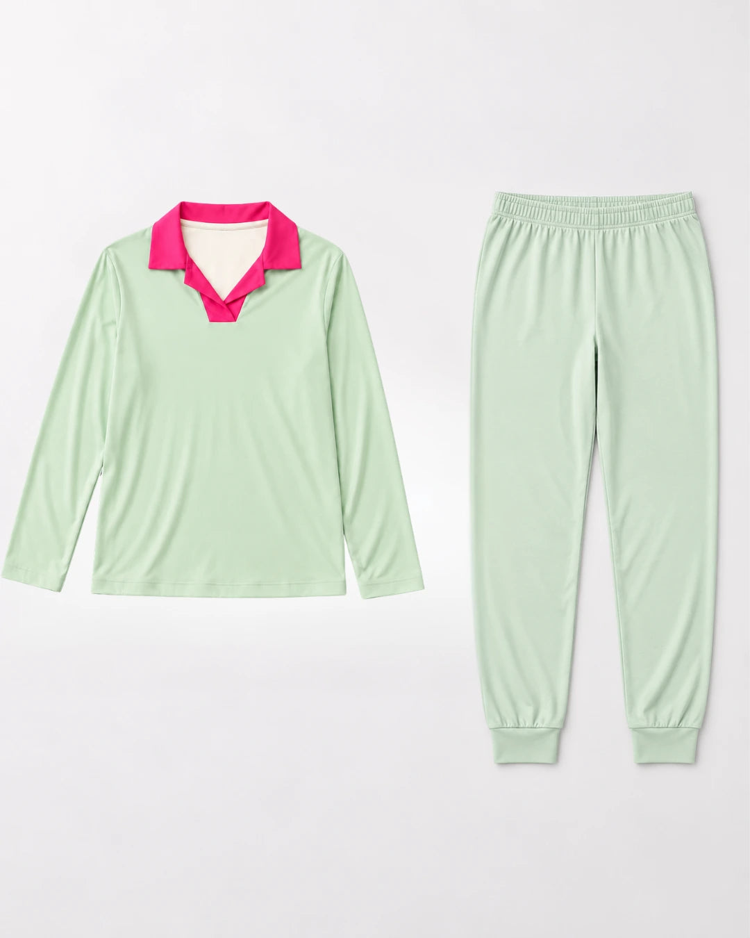 Pijama largo con top integrado, cuello sastre y pantalón con puño